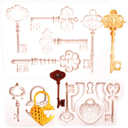 Ywzbomoldrm Vintage Key Cake Fondant Mold 3 Pcs, Lock Keyhole Chocolate Silicone Mold, Mini Love Keys Candy Mold for Cake Decoration Sugar Cupcake Topper Cake Pop Popsicle, Polymer Clay Crafts
