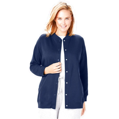 Woman Within Plus Size Fleece Baseball Jacket Long Oversized Fleece Coat