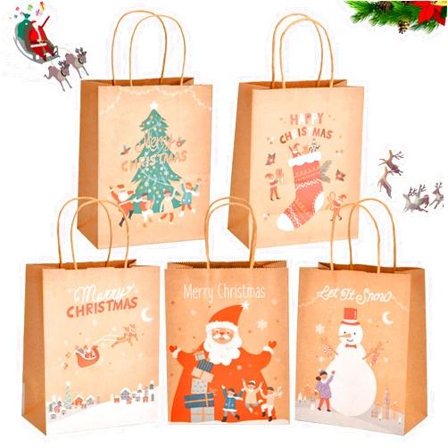 COGLARING 30Pcs Christmas Gift Bags Brown Kraft Paper Bag with Handles Bulk Heavy Duty for Xmas Gifts Holiday Party Favors Treat Goody Bags 7 * 3.8 * 9