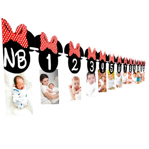 Orangedolly Minnie Mouse 1st Birthday Photo Banner - Red Bow NB to 12 Month First Birthday Banner -1st Birthday Decorations - Girl First Birthday Decorations