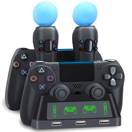 TUOWITA PS4 Controller Charging Dock Station, 4 in 1 PS VR Motion Move Charger Station, Fast PlayStation 4 Controller Charger with LED Indicator Compatible with PS4/Slim/PS4 Pro/PS VR Charging Dock