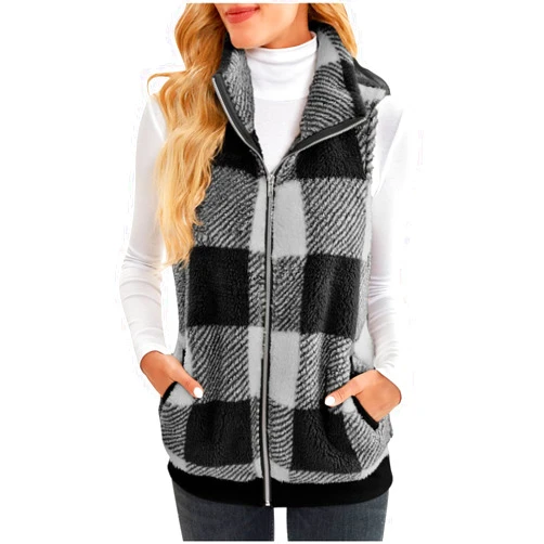 SMIDOW Womens Fashion Plaid Fleece Vest Casual Fuzzy Sleeveless Fuzzy Sherpa Vest Fluffy Zipper Jacket Warm Outerwear