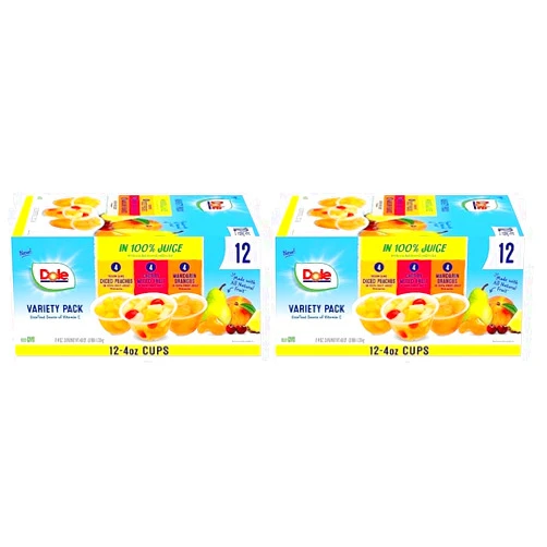 Dole Fruit Bowls in 100% Juice Variety Pack Snacks, Peaches, Cherry Mixed Fruit, Mandarin Oranges, 4oz 12 Total Cups, Gluten & Dairy Free, Bulk Lunch Snacks for Kids & Adults (Pack of 2)
