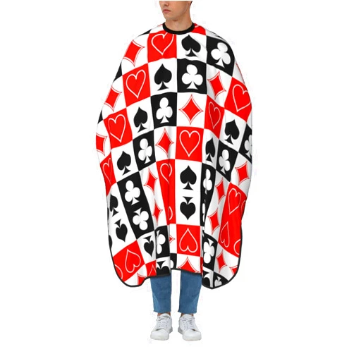 WUXEKZO Professional Barber Cape Checkered Suits Hearts Diamonds Clubs Spades Poker Playing Cards Dyeing Salon Apron Large Long Hair Styling Cape Hair Cutting Gown Barber Aceessories, 55x66 Inch