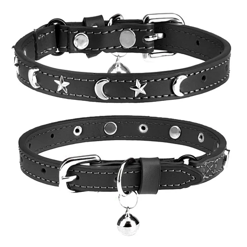 DILLYBUD Leather Cat Collars for Boy Girl Cats with Bell and Safety Elastic Belt, Personalized Star and Moon Stud Adjustable Safe Buckle Collar for Kitty Small Big Cats Size 8-12 Inch, Black