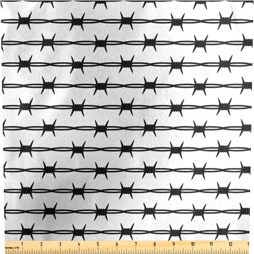 Lunarable Barbed Wire Fabric by The Yard, Barbed Wire Fence Horizontal Accessibility Protective Barrier Warning Themed, Decorative Satin Fabric for Home Textiles and Crafts, Black White