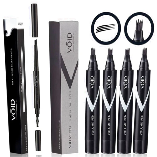 VOID Homme Beard Pen Filler for Men (Pack of 4) with Beard Pencil, Easy Beard Pen Liner, Beard Filler Pen for Beard Filling Pen Kit & Beard Marker, Waterproof Pen (Black)