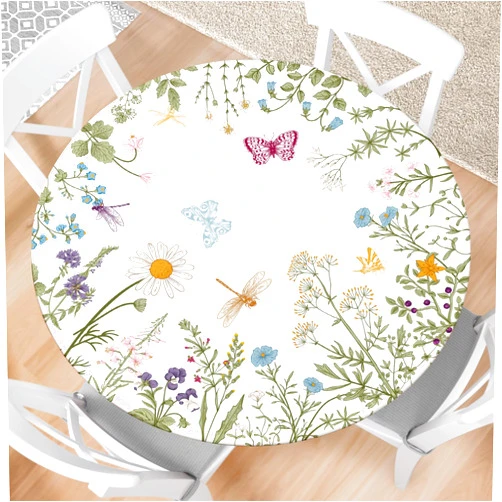 Fecvdlis Spring Summer Flower Round Fitted Tablecloth with Elastic Edge Wipeable Table Cloth Waterproof Reusable Outdoor Table Cover for Kitchen Picnic Patry Indoor Fits 40-44
