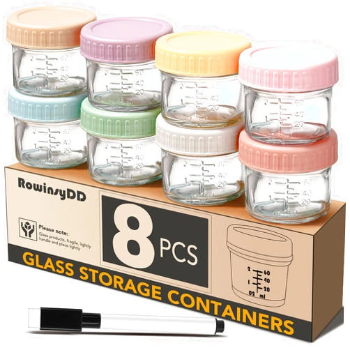 RowinsyDD 8 Pack Glass Baby Food Storage Containers, 4 oz Leakproof Baby Food Jars with Lids, Small Glass Food Containers for Infant Baby Food, Freezer & Microwave Safe, BPA Free