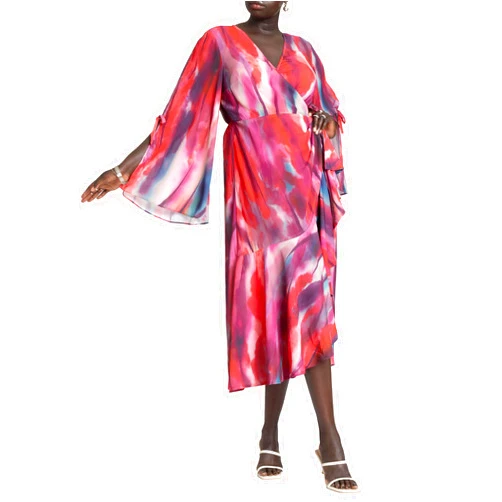 ELOQUII Women's Plus Size Flare Sleeve Wrap Dress