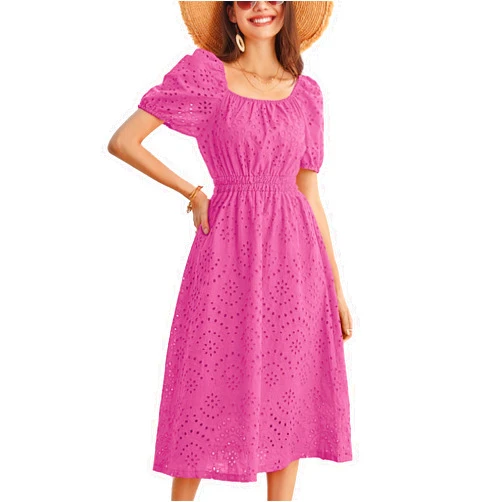 GRACE KARIN 2025 Women's Eyelet Dresses Summer Square Neck Short Puff Sleeve Casual A Line Boho Midi Dress