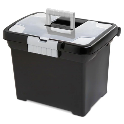 Sterilite Portable File Box, Stackable Storage Bin with Latching Lid and Handle, Plastic Container to Organize Papers in Home, Office, Black, 4-Pack