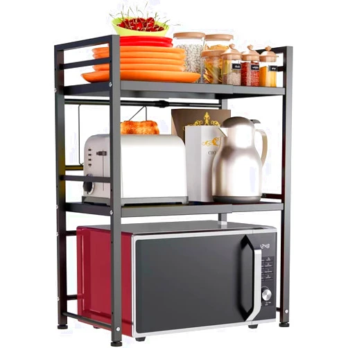 DOLALIKE Expandable Microwave Rack, Countertop Kitchen Utensils Tableware Storage, Carbon Steel 3 Tier Shelf with 3 Hooks