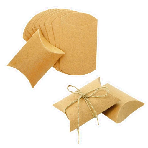 AKOAK Kraft Paper Pillow Box, Candy Favor Gift Boxes for Wedding Birthday and Christmas,Pack of 50 with 50 Pcs Jute Twines
