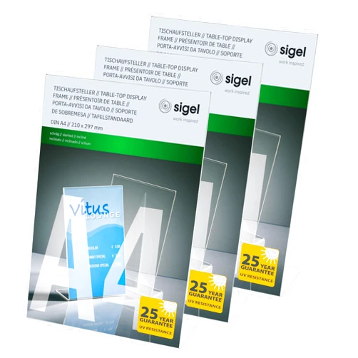 SIGEL TA210 Sign Holder, Slanted, for A4, Single-Sided Presentation, Acrylic, Transparent, 3 pcs.