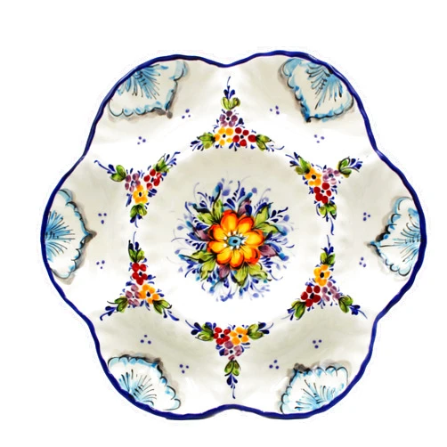 Faireal Hand-Painted Traditional Portuguese Ceramic Floral Divided Chip & Dip Platter, Divided Appetizer Dish