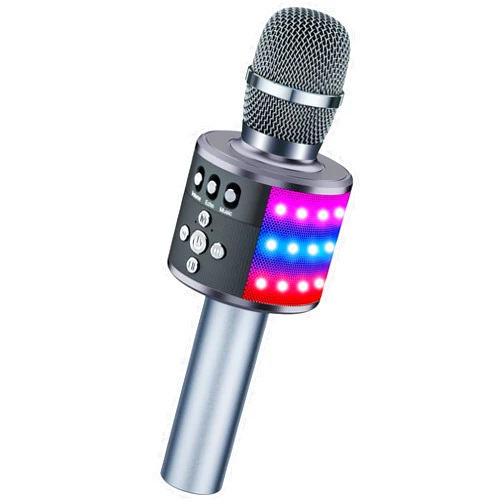 BONAOK Bluetooth Wireless Karaoke Microphone with LED Lights,4-in-1 Portable Handheld Mic with Speaker Karaoke Player for Singing Home Party Birthday Gift for Kids Adults Girls Q78(Space Gray)