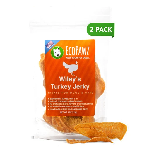 EcoPawz Wiley's Turkey Jerky Pet Treats | Grain Free Dog Jerky Treats Made in USA | All Natural Pet Treats for Dogs | Turkey Dog Treats (Turkey, 2-Pack 4 oz.)