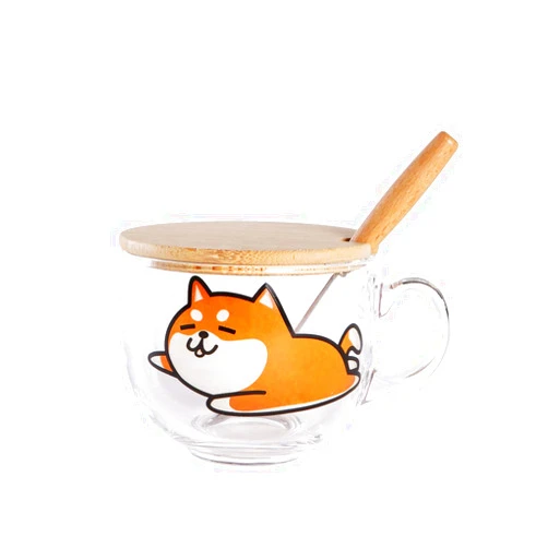 Nayothecorgi Corgi Shiba Portrait Glass Cup with Bamboo Lid and Spoon (Shiba)