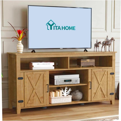 YITAHOME Highboy Farmhouse Barn Door TV Stand for 65 Inch TV, Modern Entertainment Center for 300 lbs, Rustic TV Media Console Storage TV Cabinet for Living Room, Barnwood, 59.5”