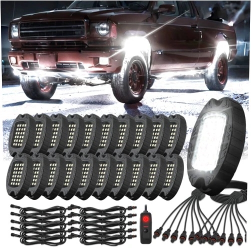TDE Explorer.Lighting 20 Pods Alloy Pure White LED Rock Lights with Extension Wires, IP68 Waterproof Shockproof 24LEDs 6500K Super Bright White Neon Underglow Kit for Semi Trucks Trailer Offroad Pickup Boats Sedans RV