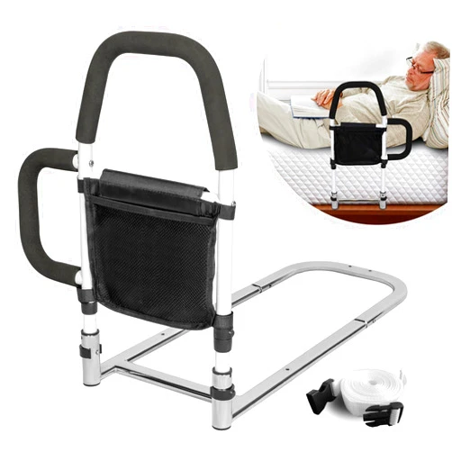 HEPO Bed Rails for Elderly Adults with Storage Pocket, Bed Assist Rail with Dual Grab Bars for Easily Getting in & Out of Bed, Bed Rail Fits King, Queen, Full, Twin Bed, Support Up to 300lbs