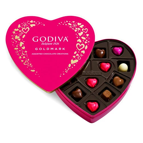 Godiva Chocolatier Heart Shaped Box of Chocolates - Deluxe Heart Chocolate Box with Assorted Milk,White and Dark Chocolate Pralines - Elegant Valentine’s Day Gift Box Keepsake Tin for him or her-14 pc
