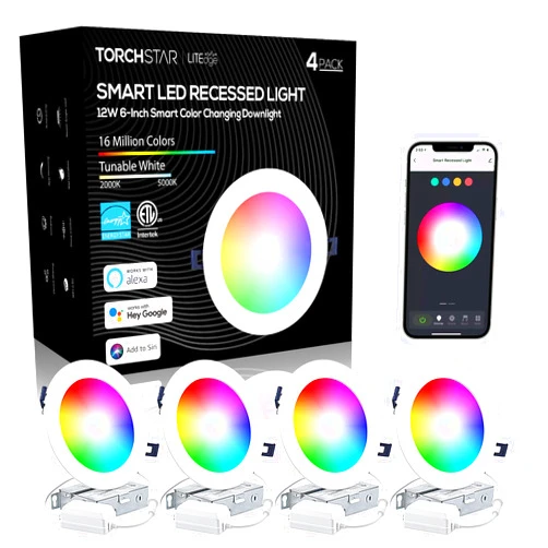 TORCHSTAR Smart Recessed Lighting 6 inch with J-Box, Wi-Fi Bluetooth Color Changing RGBCW Smart Downlight, Voice Control with Alexa & Google Assistant, Siri, CRI 90+, ETL & ES Listed, 4 Pack