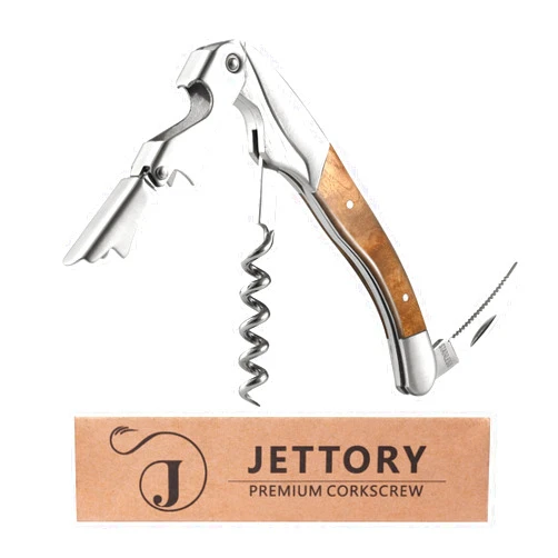 Jettory Wine Opener - Professional Waiters Corkscrew w/Foil Cutter, Beer Opener & Dual Hinge for Wine Bottle - Stainless Steel Wine Key for Servers, Bartenders and Home Use