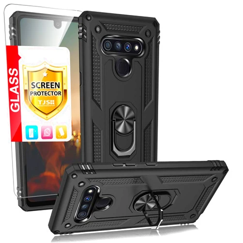 TJS Compatible with LG Stylo 6 Case, with [Tempered Glass Screen Protector][Metal Ring][Magnetic Support] Kickstand Heavy Duty Drop Protector Phone Case Cover (Black)