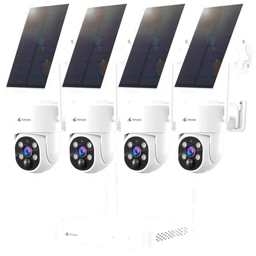 Kittyhok Solar Security Cameras Wireless Outdoor System | 4pcs 2K Ultr HD Pan Tilt Home Solar Security Camera with Human Detection, Spotlight | 10CH Smart NVR, 60 Days Local Storage (White PT Kit)