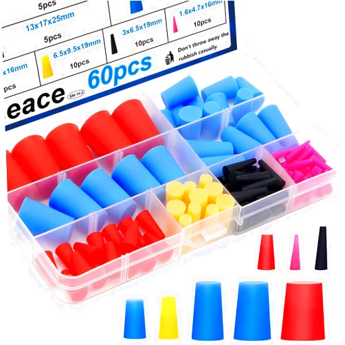 smseace 60Pcs Rubber Plugs 8-Sizes Silicone Rubber Tapered Plug Kit 1/16 Inch to 5/8 Inch High Temp Silicone Rubber Plug for Coating, Hole Plugs, Painting Protection Silicone Rubber Stopper Plug