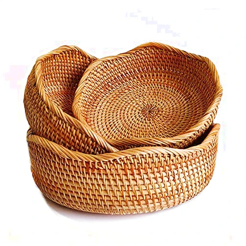 YANGQIHOME Rattan Bread Basket, Round Fruit Baskets, Wicker Storage Bowls, Natural Woven Serving Basket Bowls, Decorative Baskets for Kitchen Counter Organizing, set of 3