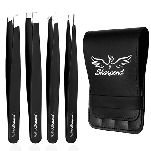 Sharpend Tweezers Set 4 Pieces - Professional Stainless Steel Tweezers for Eyebrows Great Precision for Facial Hair,Splinter and Ingrown Hair Removal Anti-rust Alloy Tweezers for Women & Men (Black)