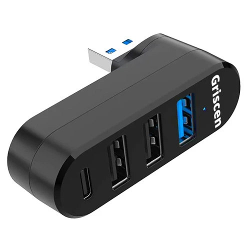 Griscen New USB 3.0 Hub [90°/180° Degree Rotatable] 4 Ports, USB Splitter Extender Multi-Port Adapter with 3 USB Ports & 1 USB C Power/Data Port, for Laptop, Car, MacBook Pro/Air, Keyboard (Black)