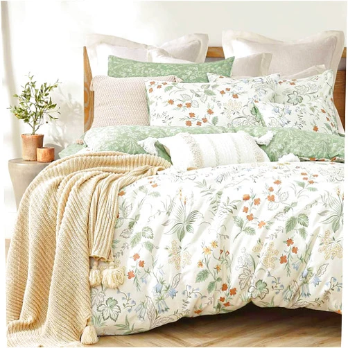 ALEISSEL Natural Cotton 3pcs Botanical Comforter Sets Queen Size-Green Comforter with Red & Blue Flowers,Gray Leaves on Off-White, Reversible Lightweight Bedding Sets(Full/Queen)