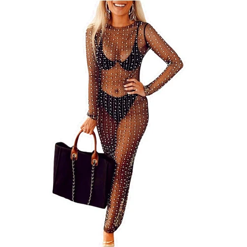 Ensswliz Women's Sexy Sheer Mesh Pearl Rhinestone Cover Up Dress Summer Beach Swimwear Bikini Bathing Suit Coverups