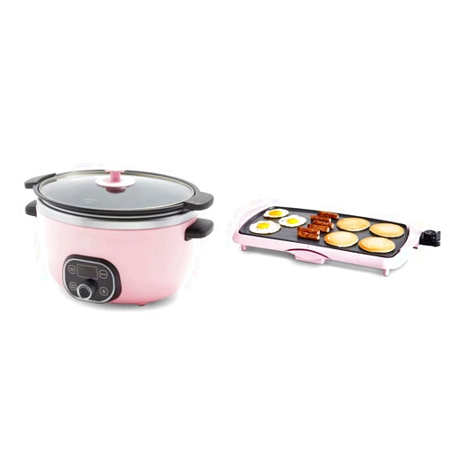 GreenLife Cook Duo Healthy Ceramic 6QT Slow Cooker, Digital Timer Parts, Soft Pink & Healthy Ceramic, Extra Large 20%22 Electric Griddle for Pancakes Eggs Burgers and More, Soft Pink