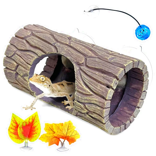 Hamiledyi Reptile Hide Cave Resin Hollow Log Hideout with 2pcs Powerful Suction Cup, Plastic Plant Leaves Ornament Snake Hide Hermit Crab Climbing Toys for Gecko Lizard Hermit Crabs Frogs