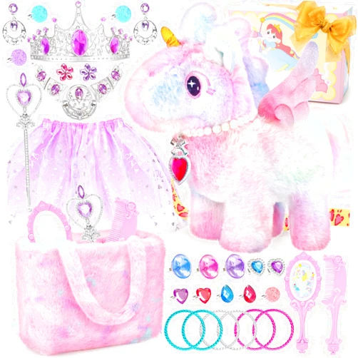 Tagitary Interactive Unicorn Plush Toy with Glowing Horns, Walking Pony Realistic Stuffed Unicorn with Kids Dress Up & Pretend Princess Jewelry Toys,Christmas Birthday Gift Party Favors for Toddlers