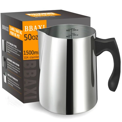 BBAXI Candle Making Pouring Pot, 1500 ML/50 OZ Candle Pouring Pitcher, 304 Stainless Steel Candle Making Pitcher with Heat-Resistant Handle and Dripless Pouring Spout Design