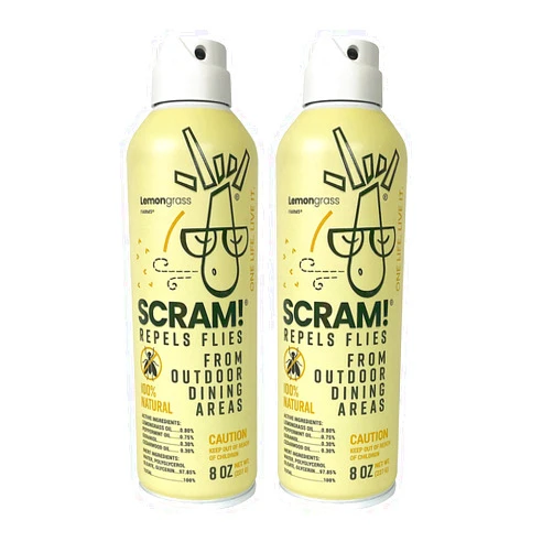 LEMONGRASS FARMS Scram Outdoor Surface Spray | Create A No-Fly Zone | All Natural with Peppermint, Cedarwood, Geraniol, and Lemongrass Oil | DEET-Free | Twin Pack, 8oz Per Can, 16oz Total