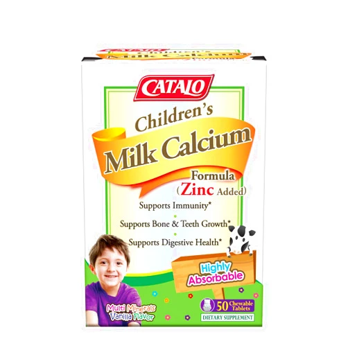 CATALO Children's Milk Calcium Formula with Zinc - 50 Bear-Shaped Chewable Tablets, Supports Bone Growth & Teeth Development, TruCal Calcium, Vanilla Flavor