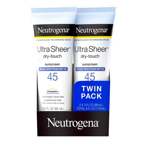 Neutrogena Ultra Sheer Dry-Touch Water Resistant and Non-Greasy Sunscreen Lotion with Broad Spectrum SPF 45, TSA-Compliant travel Size, 3 Fl Oz, Pack of 2, 6 Fl Oz