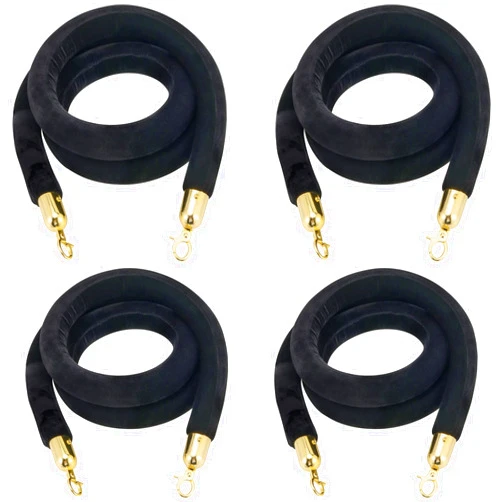 JAPCHET 4 Pack 6.5 Feet Velvet Rope, Black Velvet Stanchion Rope with Gold Polished Hooks, Crowd Control Queue Line Barrier Rope Hanging Ropes for Hotels, Movie Theaters