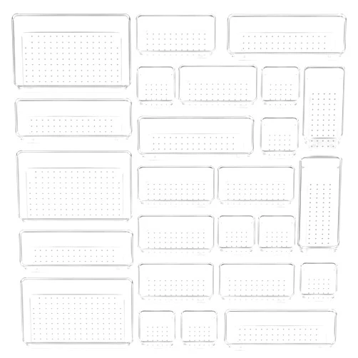 Vtopmart 25 PCS Clear Plastic Drawer Organizers Set, 4-Size Versatile Bathroom and Vanity Drawer Organizer Trays, Storage Bins for Makeup, Bedroom, Kitchen Gadgets Utensils and Office