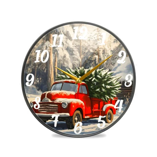WOIWB Winter Truck Christmas Wall Clock 11.9 Inch Round Quiet Decorative Desk Clock for Bedroom Living Room Kitchen Home Decor