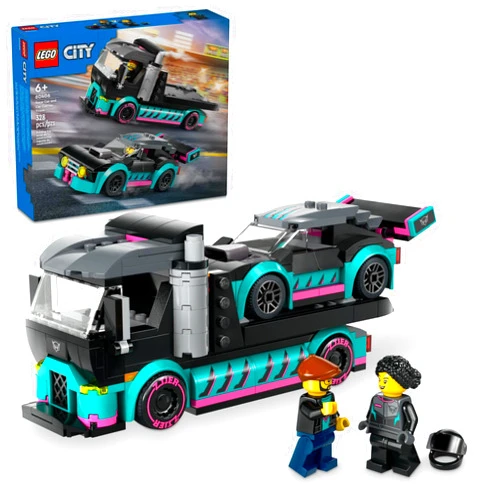 LEGO City Race Car and Car Carrier Truck Toy Playset, Vehicle Transporter with Adjustable Loading Ramp and Race Car Toy, Racer and Driver Minifigures, Fun Gift for Kids Ages 6 and Up, 60406