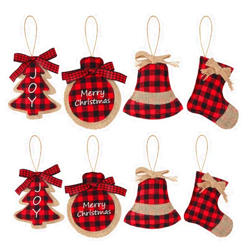 Ivenf Christmas Decorations Indoor Tree Ornaments, 8pcs Red Black Buffalo Plaid Burlap Farmhouse Xmas Ornaments, Tree Ball Bell Stocking Shaped Rustic Boho Country Decor for Home Office Family Party