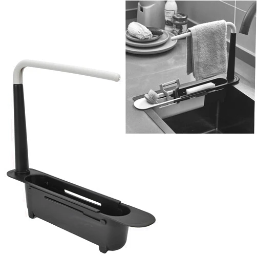 GOWENIC Telescopic Sink Storage Rack for Kitchen, Sponge Holder for Kitchen Sink, Expandable for Sponge Brush Soap Dish Cloth Rag, Multipurpose Storage Shelf for Bathroom Kitchen (Black)